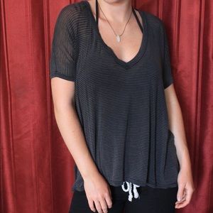 V-neck t-shirt, black and grey stripes, semi-sheer